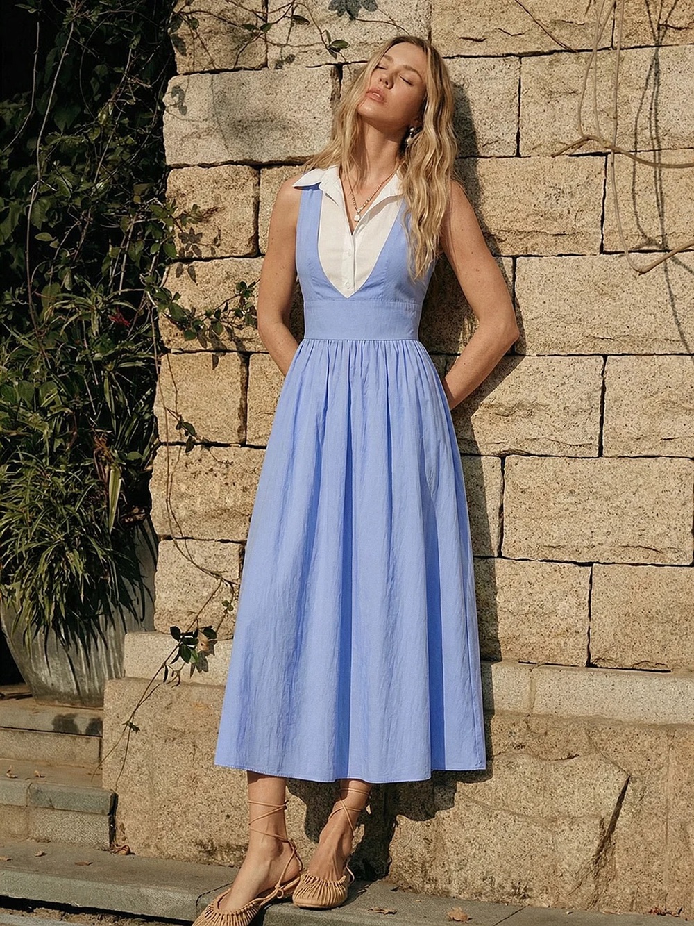 156 Cotton Blend Sleeveless Collared Maxi Dress